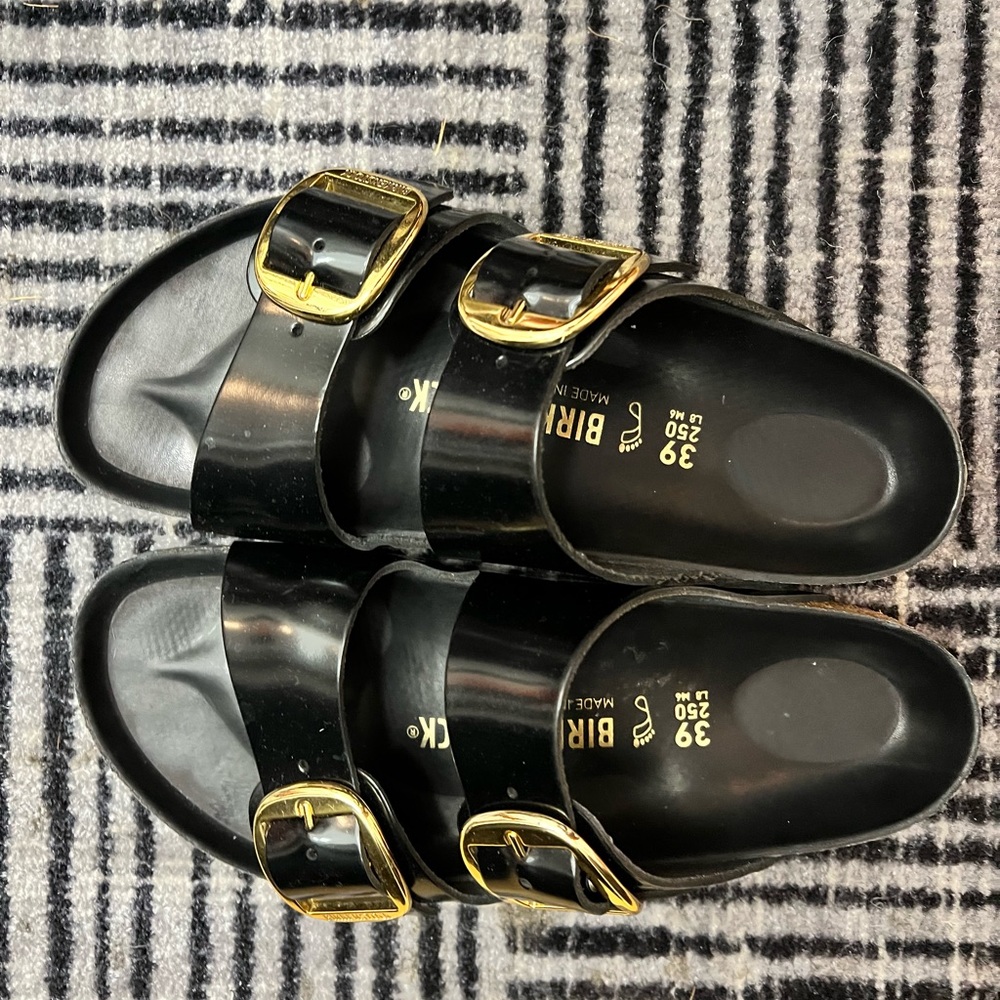Blk Patent Big Buckle Birkenstock Arizona Sandals size 39 medium NEW WITH TAGS